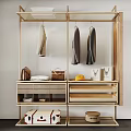 Open Wardrobe Design With Hanging Clothes Drawers Storage Baskets And Light Wood Tones