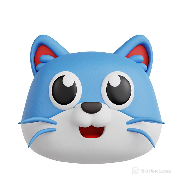 Cute Blue And White Cartoon Cat Face With Big Eyes And Red Ears 3d model 
