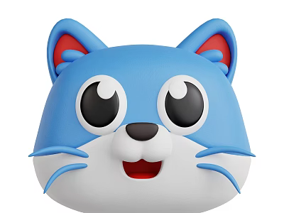 Cute Blue And White Cartoon Cat Face With Big Eyes And Red Ears 3d model