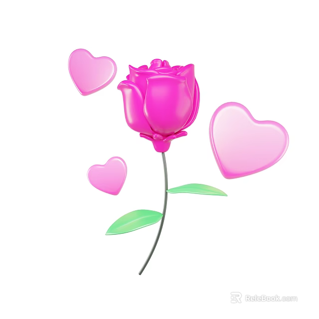 Pink Rose Decorative Ornament Set With Heart Shapes And Green Leaves 3d model 