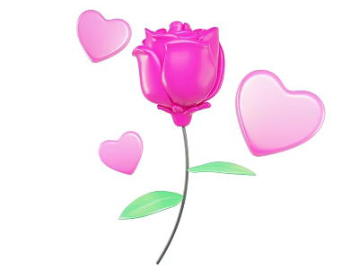 Pink Rose Decorative Ornament Set With Heart Shapes And Green Leaves 3d model
