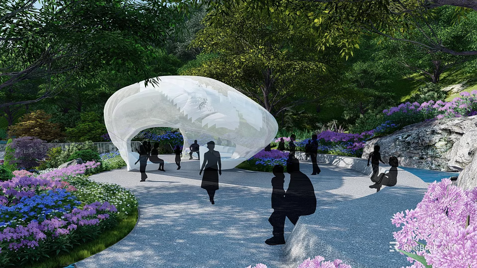 Modern White Pergola in Garden with People Enjoying Lush Greenery and Colorful Flowers 3d model 