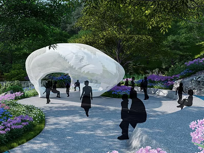 Modern White Pergola in Garden with People Enjoying Lush Greenery and Colorful Flowers 3d model