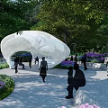 Modern White Pergola in Garden with People Enjoying Lush Greenery and Colorful Flowers