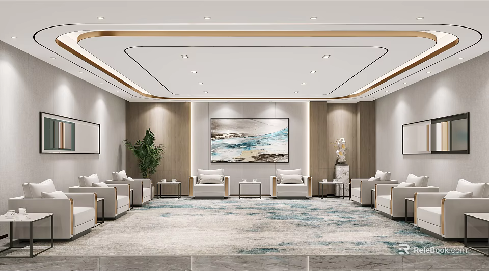 Hotel Public Lounge Area With Comfortable Sofas Decorative Painting Green Plants And Ceiling Lighting 3d model 