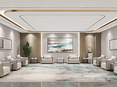 Hotel Public Lounge Area With Comfortable Sofas Decorative Painting Green Plants And Ceiling Lighting 3d model