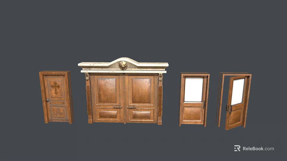 Wooden Doors Featuring Carved Double Door Glass Panel And Decorative Top Styles 3d model 