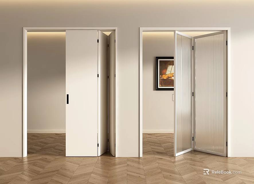Modern Interior With White And Ribbed Glass Folding Doors Wooden Floor And Wall Art 3d model 