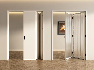 Modern Interior With White And Ribbed Glass Folding Doors Wooden Floor And Wall Art 3d model