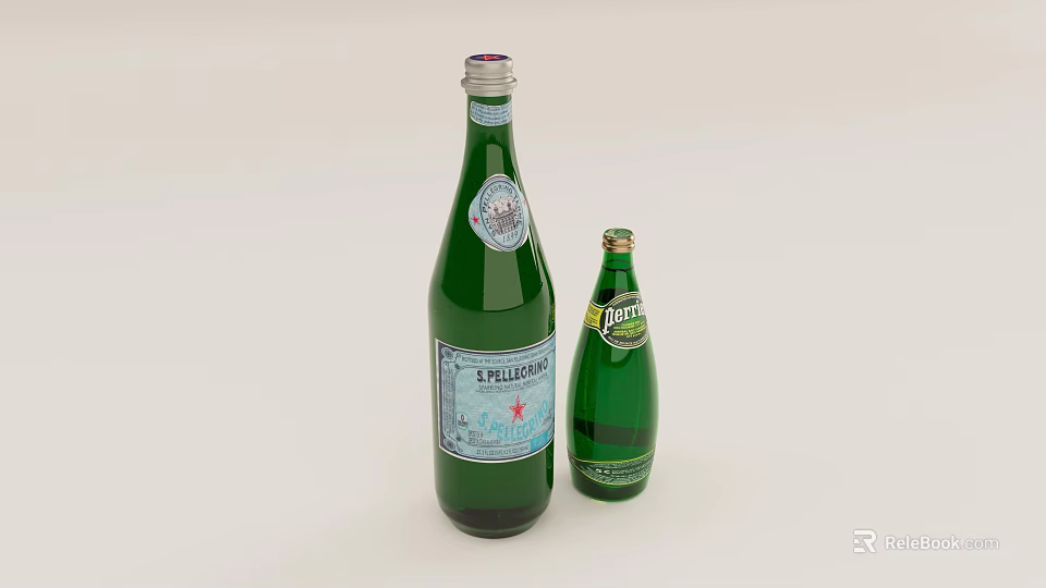 Two Green Stella Artois Glass Bottles Large And Small On Light Background 3d model 