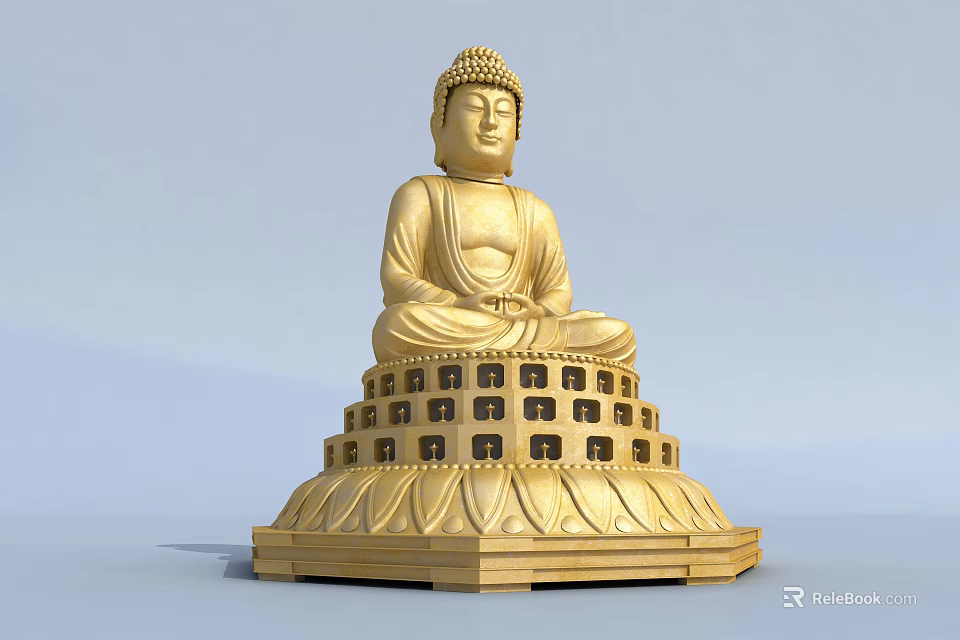 Golden Buddha Sculpture In Sitting Posture With Intricate Carvings And Lotus Base 3d model 