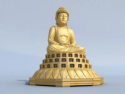 Golden Buddha Sculpture In Sitting Posture With Intricate Carvings And Lotus Base 3d model