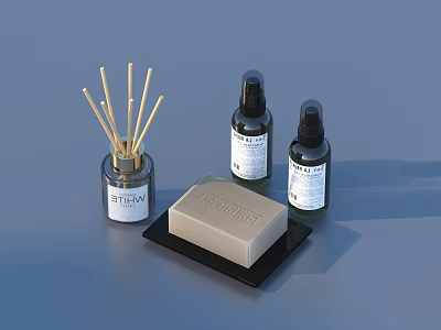 Minimalist Daily Living Essentials With Reed Diffuser Glass Spray Bottles And Soap Bar On Tray 3d model
