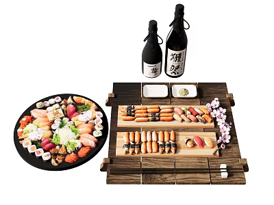 Assorted Sushi On Round Platter With Wooden Tray Sake Bottles And Small Dishes 3d model