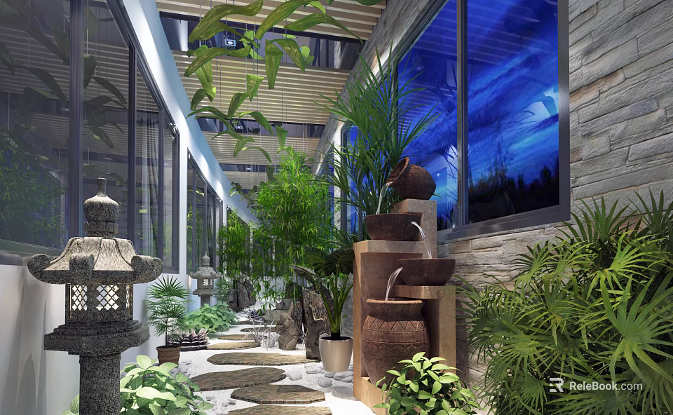 Modern Elevator Corridor Design With Green Plants Stone Lantern Water Feature And Large Windows 3d model 