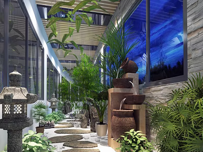 Modern Elevator Corridor Design With Green Plants Stone Lantern Water Feature And Large Windows 3d model