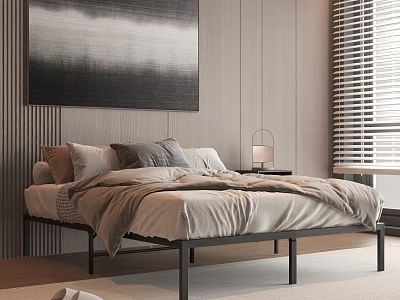 Modern Double Bed with Vertical Striped Wall Black White Abstract Painting Nightstand and Table Lamp 3d model