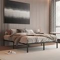 Modern Double Bed with Vertical Striped Wall Black White Abstract Painting Nightstand and Table Lamp