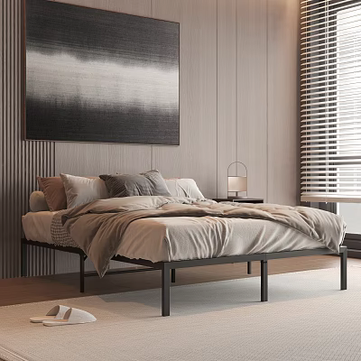 Modern Double Bed with Vertical Striped Wall Black White Abstract Painting Nightstand and Table Lamp 3d model