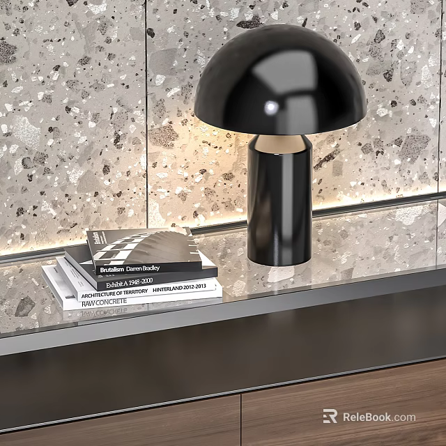 Modern Decorative Cabinet With Black Table Lamp And Stacked Books On Glass Shelf 3d model 