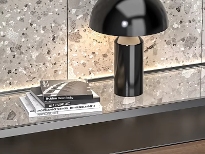 Modern Decorative Cabinet With Black Table Lamp And Stacked Books On Glass Shelf 3d model