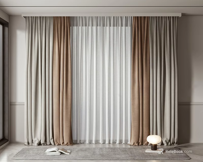 Modern Floor Length Layered Curtains with Sheer and Solid Panels Brown Gray White 3d model
