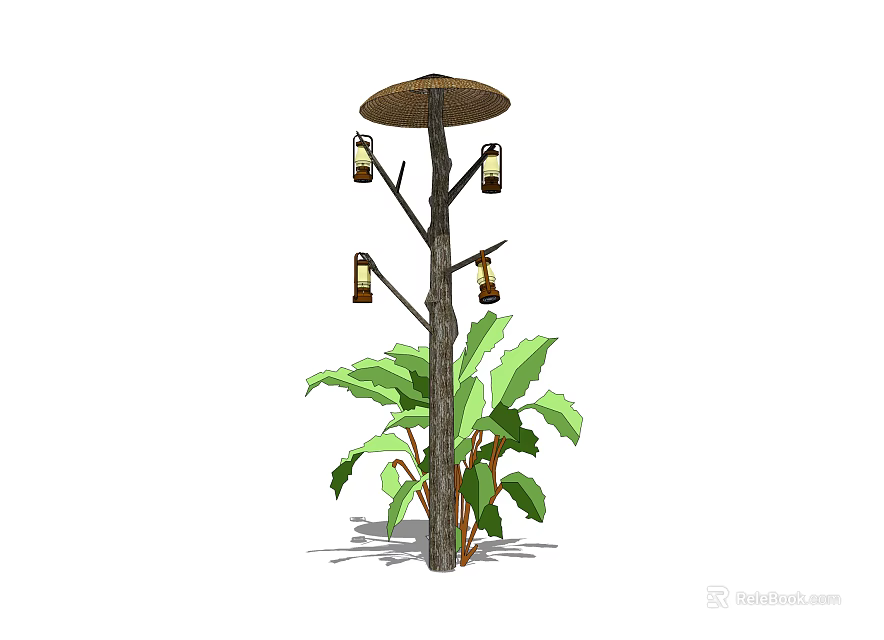 Tree Shaped Outdoor Light With Multiple Lantern Lights And Green Plant Leaves 3d model 