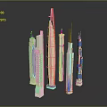 Colorful Modern Architectural Skyscrapers Featuring Glass Facades and Sleek Reflective Surfaces