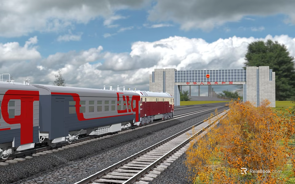Scenic Train On Railroad Tracks With Blue Sky White Clouds Gate Building And Yellow Foliage 3d model 