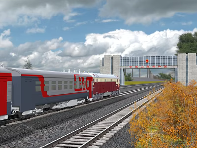 Scenic Train On Railroad Tracks With Blue Sky White Clouds Gate Building And Yellow Foliage 3d model