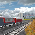Scenic Train On Railroad Tracks With Blue Sky White Clouds Gate Building And Yellow Foliage