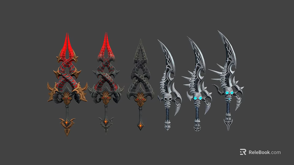 Ornate Decorative Weapons With Intricate Red Black And Silver Blade Designs 3d model 
