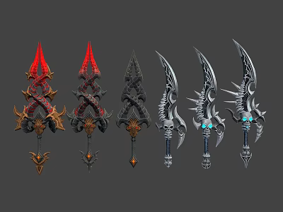 Ornate Decorative Weapons With Intricate Red Black And Silver Blade Designs 3d model