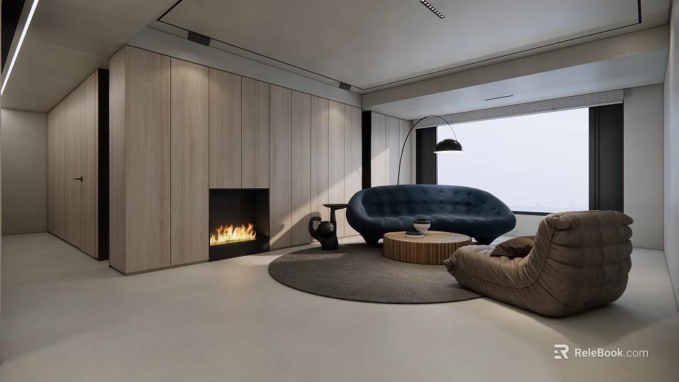 Modern Minimalist Living Dining Room With Wooden Wall Fireplace Blue Sofa Brown Armchair Round Rug 3d model 