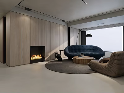 Modern Minimalist Living Dining Room With Wooden Wall Fireplace Blue Sofa Brown Armchair Round Rug 3d model