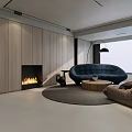 Modern Minimalist Living Dining Room With Wooden Wall Fireplace Blue Sofa Brown Armchair Round Rug