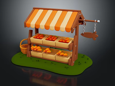 Cartoon Style Fruit Stand With Orange White Striped Awning Fruits On Shelves And Basket 3d model