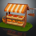 Cartoon Style Fruit Stand With Orange White Striped Awning Fruits On Shelves And Basket