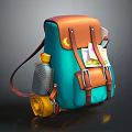 Vintage Teal Brown Backpack Design With Leather Straps Water Bottle And Map