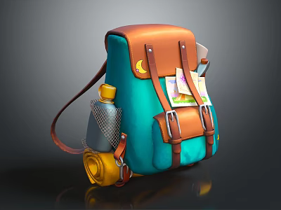 Vintage Teal Brown Backpack Design With Leather Straps Water Bottle And Map 3d model