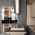 Modern Kitchen With Dark And Wooden Cabinets Island Range Hood And Sink