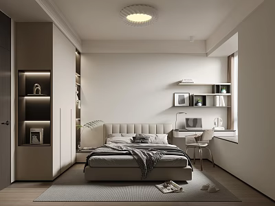Modern Bedroom Interior With Upholstered Bed Bookshelves Desk Chair And Window Rug 3d model