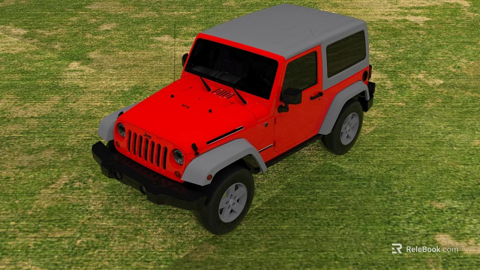 Red And Gray Off Road Vehicle With Classic Design Parked On Green Grass Field 3d model 