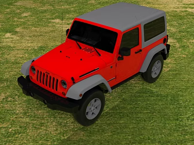 Red And Gray Off Road Vehicle With Classic Design Parked On Green Grass Field 3d model