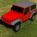 Red And Gray Off Road Vehicle With Classic Design Parked On Green Grass Field