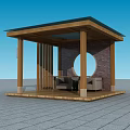 Outdoor Wooden Pavilion With Circular Window Seating Table And Stone Tile Floor