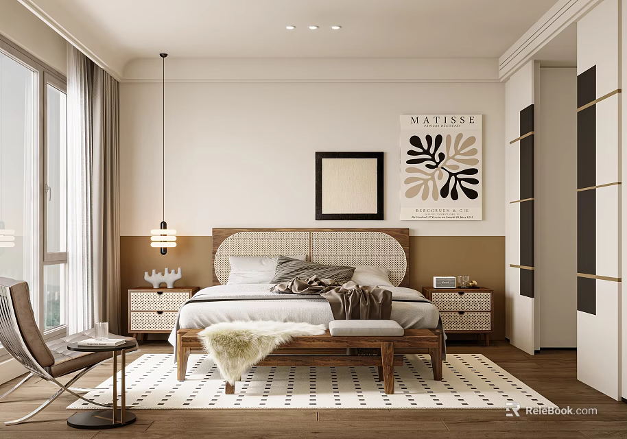 Modern Bedroom Interior Design With Bed Bench Rug Artwork Pendant Light And Curtains 3d model 