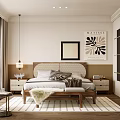 Modern Bedroom Interior Design With Bed Bench Rug Artwork Pendant Light And Curtains