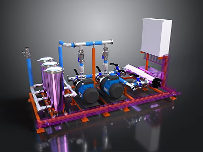 Industrial Equipment System With Blue Pumps Silver Pipes Purple Frame And Orange Base 3d model