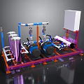 Industrial Equipment System With Blue Pumps Silver Pipes Purple Frame And Orange Base